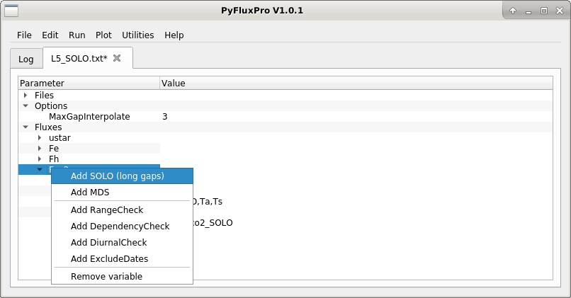 Image of adding gap fill method to an existing variable in L5 control file.