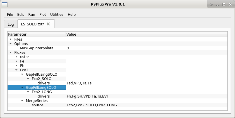 Image of gap fill method added to an existing variable in L5 control file.