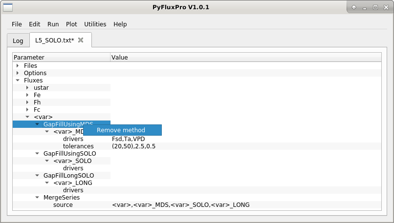 Image of remove gap fill method from L5 control file.