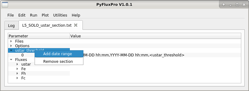 Image of adding a date range to the ustar threshold section in an L5 control file.